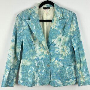 Vida Blazer Jacket Size 14 Blue Floral Long Sleeve Lined Single Brested 2 Button